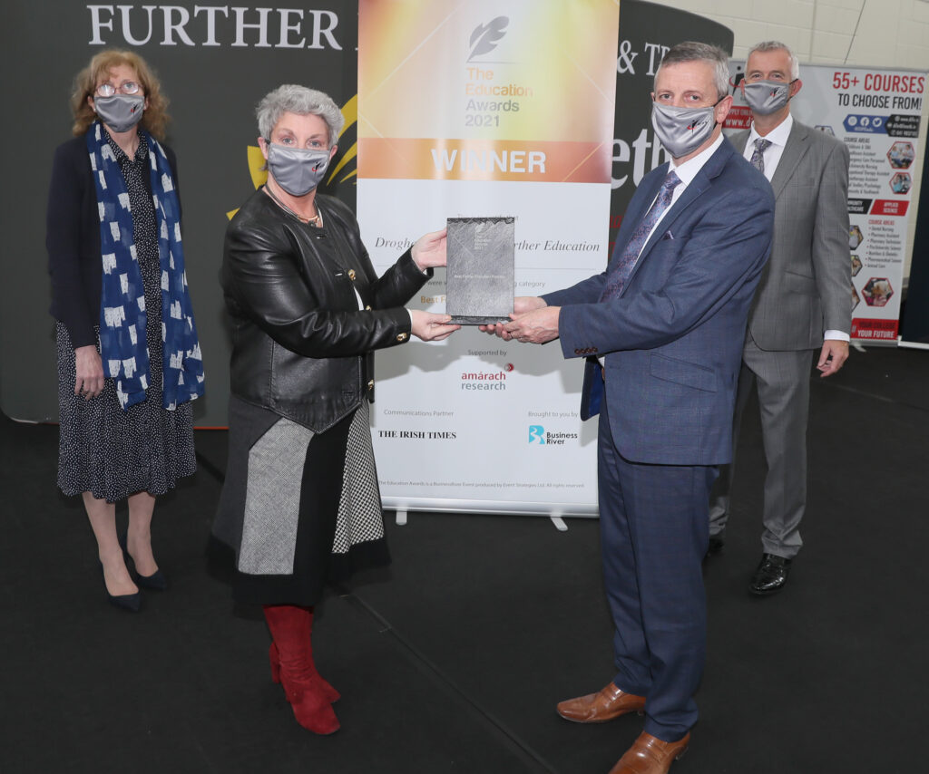 Martin O' Brien, CE of LMETB receiving an award on behalf of Drogheda Institute of Further Education, Sadie Ward McDermott, LMETB Director of FE and Davy McDonnell, DIFE Principal, are also in picture