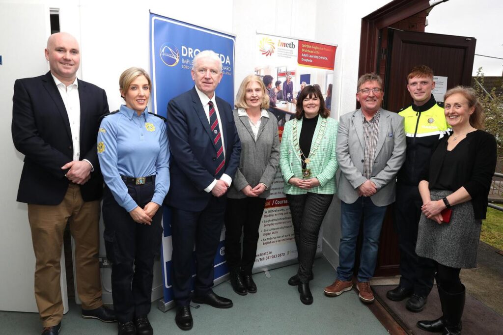 At the open day in the Lourdes Recreation Centre, Yellowbatter were Cllr. James Byrne, Garda Lauren Mulholland, Huberty Murphy of Drogheda United, Deirdre Carmody of LMETB, Mayor Michelle Hall, Paddy McQuillan, Garda Odhran Loughran and Grainne Berrill of the Drogheda Implementation Board.