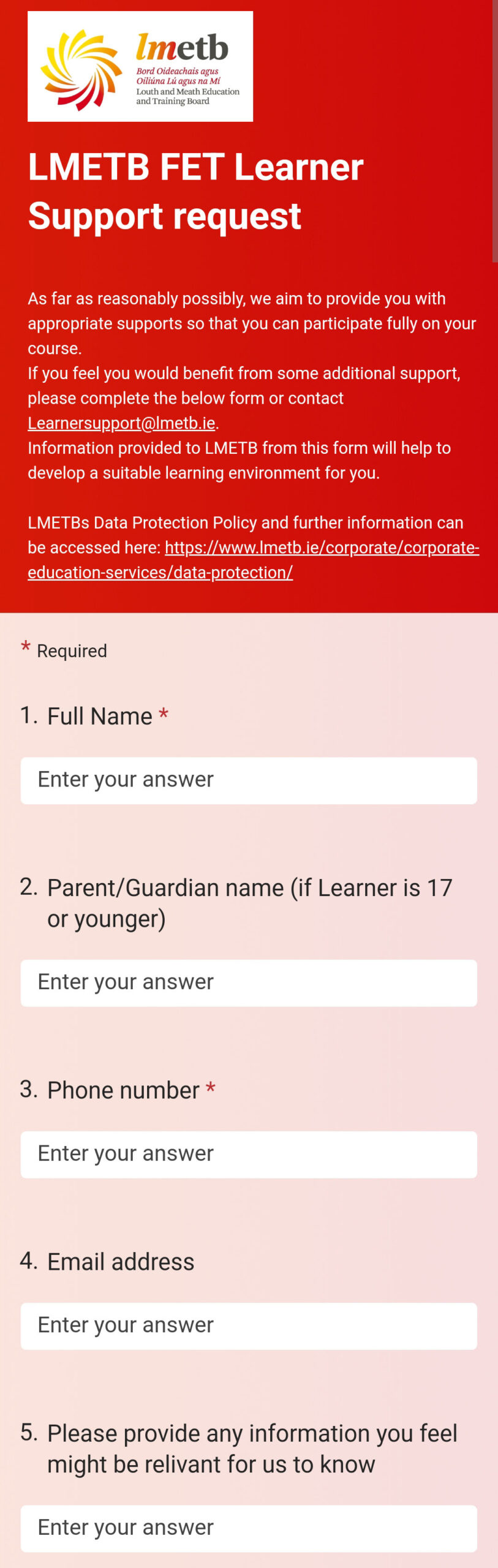 Image of Learner Support Request form